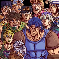  1girl 6+boys anchor_symbol armor battle_tendency birthmark black_background black_hair blonde_hair blue_eyes blue_hair blue_lips blue_shirt braid brown_gloves brown_hair chain clenched_teeth closed_eyes closed_mouth collarbone comic_panel_redraw commentary demonhonho derivative_work diamond_wa_kudakenai dixie_cup_hat double_bun ear_birthmark earrings english_commentary eyeshadow family father_and_child father_and_daughter fingerless_gloves frown gakuran giorno_giovanna gloves green_eyeshadow green_hair green_lips green_scarf grey_hair hair_between_eyes hair_bun hat higashikata_josuke higashikata_josuke_(jojolion) highres holding holding_mask horseshoe invincible_(series) jewelry jodio_joestar joestar_birthmark johnny_joestar jojo_no_kimyou_na_bouken jojo_pose jojolion jonathan_joestar joseph_joestar joseph_joestar_(young) kujo_jolyne kujo_jotaro lipstick long_hair looking_at_viewer makeup mask meme military_hat multicolored_hair multiple_boys muscular muscular_male open_mouth parent_and_child peace_symbol phantom_blood pompadour purple_hair sailor_collar sailor_hat scarf school_uniform shaded_face shirt short_hair simple_background single_braid smile spider_web_print stardust_crusaders steel_ball_run stone_mask stone_ocean striped_clothes striped_scarf stud_earrings sunglasses tank_top teeth the_jojolands two-tone_hair unworn_mask v-shaped_eyebrows vento_aureo viltrumite_group_shot_(meme) white_hair 