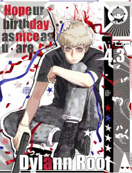  1boy american_flag american_flag_print animification ankle_boots arm_at_side artist_name artist_request at_gunpoint bare_arms black_boots black_shirt black_socks blonde_hair blue_eyes boots bowl_cut bracelet bright_pupils camouflage camouflage_pants character_name closed_mouth commentary commission confederate_flag confetti dated dylann_roof english_commentary flag_print from_above full_body gold_bracelet grey_pants gun hair_behind_ear hair_between_eyes halftone handgun happy_birthday hat hat_tip highres holding holding_gun holding_weapon hugging_own_legs jewelry knee_up knees_apart_feet_together ku_klux_klan lace-up_boots lips looking_at_viewer male_focus marsey_the_cat nostrils outline pale_skin pants party_hat real_life ribbed_socks second-party_source shirt shoelaces short_hair short_sleeves simple_background sitting socks solo star_(symbol) swept_bangs t-shirt true_crime v-shaped_eyebrows very_short_hair weapon white_background white_hat white_outline white_pupils 