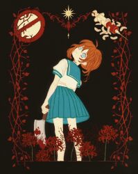  1girl ambiguous_red_liquid black_background blue_eyes blue_skirt border bug cicada contrast_collar eye_symbol flower highres higurashi_no_naku_koro_ni holding holding_weapon looking_at_viewer looking_back maggot medium_hair nata_(tool) needle no_entry_sign orange_hair plant red_border red_flower road_sign ryuuguu_rena sailor_collar sashagaier school_uniform shirt sign skirt smile spider_lily star_(symbol) staring thorns vines weapon white_shirt 