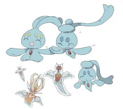  :d antennae avocado_539 closed_eyes full_body gem highres holding_hands manaphy no_humans open_mouth phione pokemon pokemon_(creature) pokemon_focus red_gem sea_angel simple_background smile standing white_background 