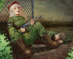  1boy 1girl albino bayonet belt belt_buckle beret boots bosnian_army brown_boots buckle callsign camouflage camouflage_jacket camouflage_pants chain-link_fence commission commissioner_upload erratas fence green_belt grey_sky gun hat highres holding holding_gun holding_weapon implied_death jacket lace-up_boots leaf logo long_hair looking_at_viewer military_uniform mossberg_590 nasa_logo non-web_source original outdoors pants realistic red_eyes red_hat republika_srpska serbian_flag shotgun sitting sky soldier weapon weapon_request white_hair yugoslav_wars zarya_petrovic 