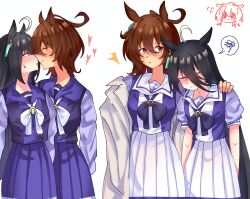  2girls absurdres agnes_tachyon_(umamusume) animal_ears black_hair blush bntutnn bow bowtie brown_hair closed_mouth commentary hand_on_another's_shoulder heart highres horse_ears horse_girl imminent_kiss long_hair looking_at_viewer manhattan_cafe_(umamusume) medium_hair multiple_girls pleated_skirt purple_bow purple_bowtie purple_shirt purple_skirt red_eyes school_uniform shirt simple_background skirt spoken_squiggle squiggle tracen_school_uniform umamusume untranslatable_commentary white_background white_bow white_bowtie white_skirt yuri 