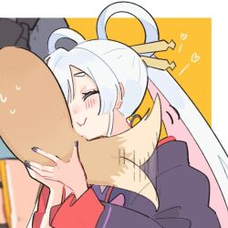  2girls :t blush cho_kaguya-hime! closed_eyes commentary_request fox_tail hair_ornament hair_rings hair_stick heart kanoko_iii long_sleeves multicolored_hair multiple_girls pink_hair purple_nails runami_yachiyo sakayori_iroha second-party_source smile tail tail_on_face tail_wagging twintails two-tone_hair white_hair wide_sleeves yuri 