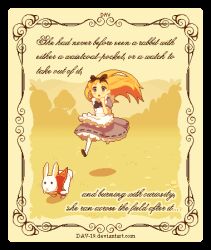  1girl :o accurate_lolita_coord alice's_adventures_in_wonderland alice_(alice_in_wonderland) animal animated animated_gif apron black_bow black_bowtie blonde_hair blue_dress border bow bowtie chasing classic_lolita clothed_animal commentary dav-19 dress english_commentary english_text grass hair_bow lolita_fashion long_hair looping_animation lowres pixel_art rabbit running solo source_quote very_long_hair web_address white_apron white_rabbit_(alice_in_wonderland) white_rabbit_(animal) 