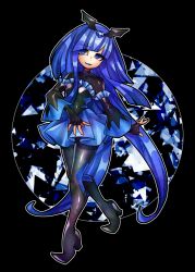  1girl bad_end_beauty bad_end_precure black_background black_bodysuit blue_eyes blue_hair bodysuit commentary_request english_commentary fingerless_gloves gloves mixed-language_commentary open_mouth precure senmu_(0107) simple_background smile smile_precure! solo 