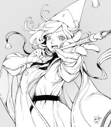  1girl absurdres blush cloak coco_(tongari_boushi_no_atelier) fingernails greyscale hat highres holding holding_pen looking_at_viewer marc_brunet monochrome open_mouth pen qifrey's_atelier_apprentice_uniform short_hair solo teeth tongari_boushi_no_atelier upper_teeth_only wizard_hat 