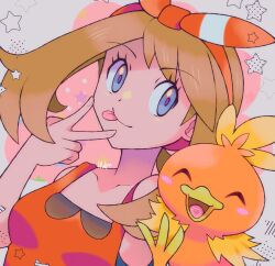  1girl :p blue_eyes bow bow_hairband breasts brown_hair collarbone eyelashes hairband highres inglebard looking_at_viewer may_(pokemon) medium_breasts pokemon pokemon_(creature) pokemon_omega_ruby_and_alpha_sapphire red_bow red_hairband red_shirt shirt short_hair simple_background sleeveless sleeveless_shirt solo star_(symbol) tongue tongue_out torchic upper_body v 