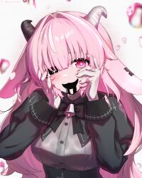  1girl :3 absurdres air_bubble animal_ears bell black_bow black_bowtie black_eyes bow bowtie bubble cross-shaped_pupils femme_soule goat_ears goat_girl goat_horns grey_shirt hands_on_own_cheeks hands_on_own_face heart heart-shaped_pupils heterochromia highres holding_own_hair horns light_blush long_hair looking_at_viewer neck_bell open_mouth pink_eyes pukey_goddess_shot_trick saliva saliva_trail shirt sidelocks simple_background smile solo symbol-shaped_pupils upper_body white_background yandere yandere_trance yume_tiem 