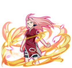  1girl bike_shorts black_shorts dress green_eyes haruno_sakura long_hair looking_at_viewer naruto_(classic) naruto_(series) naruto_shippuuden:_ultimate_ninja_blazing official_art pink_dress pink_hair short_sleeves shorts solo 