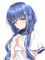  1girl anemoi asagi_nanami blue_hair blunt_bangs blush braid closed_mouth commentary_request crying crying_with_eyes_open dress hands_on_own_chest hands_up happy happy_tears highres holding holding_letter letter long_hair looking_down low_twintails own_hands_together shirato_koyomi short_sleeves sidelocks simple_background smile solo split_mouth tears twin_braids twintails upper_body very_long_hair white_background white_dress yellow_eyes 