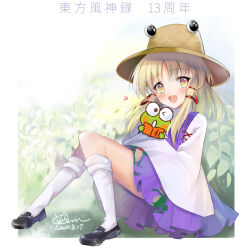  1boy 1girl black_shoes blonde_hair blush blush_stickers book brown_hat chinese_text commentary_request dated dated_commentary flower flower_request frilled_skirt frills frog hair_ribbon hat holding holding_book kero_kero_keroppi kevn long_hair long_sleeves moriya_suwako purple_skirt purple_vest red_ribbon ribbon sanrio shirt shoes sidelocks signature skirt socks touhou turtleneck turtleneck_shirt vest white_shirt white_socks wide_sleeves yellow_eyes 