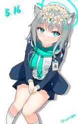  1girl abydos_high_school_logo animal_ear_fluff animal_ears aqua_scarf blue_archive blue_eyes blue_halo blue_jacket blue_skirt blush breast_pocket bright_pupils collared_shirt commentary_request dated drop_shadow feet_out_of_frame flower from_above grey_hair hair_between_eyes halo head_wreath id_card jacket kneehighs long_sleeves looking_at_viewer medium_hair miniskirt mismatched_pupils misono_(misonokei) pleated_skirt pocket scarf shiroko_(blue_archive) shirt signature sitting skirt smile socks solo thighs white_flower white_pupils white_shirt white_socks wolf_ears 