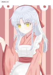  1girl absurdres alternate_costume angel_beats! apron bow chinese_commentary closed_mouth commentary_request cowboy_shot dated enmaided eyes_visible_through_hair frilled_apron frills grey_hair hair_bow half_updo hand_up highres holding holding_tray japanese_clothes kimono long_hair long_sleeves looking_at_viewer maid maid_apron parted_bangs pink_background pink_kimono qianxun red_bow sidelocks simple_background solo split_mouth straight_hair tachibana_kanade tray white_apron wide_sleeves yellow_eyes 
