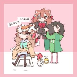  1boy 2girls :3 ahoge animal_ears atari_desu black_hair blush_stickers bow bowtie brown_hair carrying carrying_person cat_ears cat_girl cat_tail closed_mouth commentary double-parted_bangs english_commentary evil_neuro-sama full_body green_bow green_bowtie hair_between_eyes highres long_hair long_sleeves multiple_girls neuro-sama pink_background pink_socks red_bow red_bowtie school_uniform second-party_source serafuku sitting sleeves_past_fingers sleeves_past_wrists soap_bottle soap_bubbles socks standing sweater tail vedal987 vedal_ai washing_another yellow_sweater 