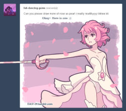  1girl adapted_costume alternate_breast_size_(smaller) alternate_hairstyle alternate_species animification ballet_dress clothing_cutout commentary curly_hair dav-19 dress english_commentary fan_request gem gem_(steven_universe) holding leotard leotard_peek pink_hair rose's_sword_(steven_universe) rose_pearl_(dav-19) rose_quartz_(steven_universe) short_hair skinny solo star_cutout steven_universe stomach_jewel thinner_than_canon tumblr white_dress white_leotard 