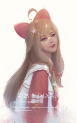  1girl a-soul absurdres ahoge ascot blonde_hair blue_eyes bow character_name chinese_commentary chinese_text commentary_request dated diana_(a-soul) eki_lee from_side hair_between_eyes hair_bow hair_ornament highres long_hair looking_at_viewer low-tied_sidelocks parted_lips red_ascot red_bow red_lips sidelocks signature smile solo star_(symbol) star_hair_ornament teeth translation_request virtual_youtuber web_address 