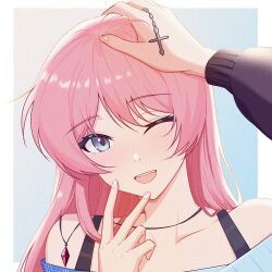  2girls bang_dream! bang_dream!_it's_mygo!!!!! bare_shoulders blue_eyes chihaya_anon commentary_request cross gem highres long_hair miramaxwell multiple_girls nagasaki_soyo one_eye_closed out_of_frame pink_hair simple_background 
