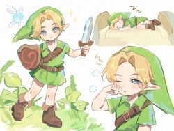  1boy belt blonde_hair blue_eyes boots brown_boots commentary_request didi_en_ilu grass green_hat green_tunic hat highres holding holding_shield holding_sword holding_weapon korean_commentary link looking_at_viewer lying male_focus multiple_views navi on_bed on_ground on_stomach one_eye_closed pointy_ears shield sleeping squeans standing sword the_legend_of_zelda the_legend_of_zelda:_ocarina_of_time tunic weapon wide-eyed wooden_shield young_link zzz 