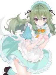  1girl alternate_costume apron black_ribbon blush bow bowtie brown_shoes collared_dress commentary dot_nose dress enmaided frilled_apron frilled_dress frills green_dress green_hair hair_between_eyes hair_flaps hairband hands_up highres kusanagi_nene lace-trimmed_hairband lace_trim long_hair long_sidelocks looking_at_viewer low-tied_sidelocks maid maid_apron maid_headdress orange_bow orange_bowtie parted_lips project_sekai puffy_short_sleeves puffy_sleeves rea_0523 ribbon shoes short_sleeves sidelocks simple_background solo untranslatable_commentary violet_eyes white_apron white_background 