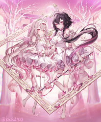  2girls animal_ear_hairband animal_ears bare_shoulders barefoot black_hair blush bow branch breasts bug butterfly cherry_blossoms collar crossed_bangs detached_sleeves dress fake_animal_ears frilled_collar frilled_dress frilled_sleeves frilled_wrist_cuffs frills full_body garter_straps hair_between_eyes hair_bow hairband highres holding holding_wand komeshiro_kasu large_breasts long_hair mini_wings moon multiple_girls nail_polish no_shoes original pink_dress pink_eyes pink_hair pink_ribbon pink_wings pointy_ears purple_dress purple_hair rabbit_ear_hairband rabbit_ears red_bow ribbon sleeve_cuffs small_breasts smile thigh-highs toenail_polish toenails torii tree two-tone_dress wand white_dress white_hair white_thighhighs wings wrist_cuffs 