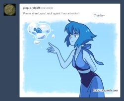  1girl animal animification blue_eyes blue_hair blue_skin closed_mouth colored_skin commentary crop_top dav-19 english_commentary fan_request fish gem_(steven_universe) halter_shirt halterneck homeworld_gem_uniform hydrokinesis lapis_lazuli_(steven_universe) request_inset short_hair skirt smile solo steven_universe water 