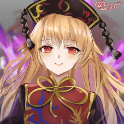  1girl black_dress black_hat blonde_hair crescent_print dalachi_(headdress) dated dated_commentary dress fox_tail hat junko_(touhou) kevn lips long_hair multiple_tails neck_ribbon open_mouth red_eyes red_tabard ribbon signature solo tabard tail touhou yellow_ribbon 