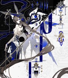  1girl absurdly_long_hair absurdres alternate_costume alternate_hair_length_(longer) alternate_hairstyle amiya_(arknights) animal_ears arknights arrow_(symbol) blue_apple blue_eyes blue_veil braid brown_hair chinese_commentary closed_mouth commentary_request cross disembodied_hand dress feathers from_side hair_between_eyes halo highres limited_palette long_hair looking_at_viewer looking_back rabbit_ears rabbit_girl solo standing veil venir very_long_hair white_dress 