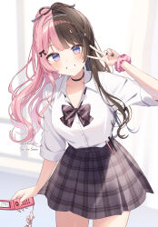  1girl black_bow black_choker black_nails blue_eyes blush bow breasts brown_hair cellphone cellphone_charm charm_(object) choker collared_shirt commentary_request curtains flip_phone grey_skirt grin hair_bow hair_intakes hand_up highres holding holding_phone indoors long_hair looking_at_viewer medium_breasts multicolored_hair nail_polish phone pink_hair pink_scrunchie plaid_bow plaid_clothes plaid_skirt school_uniform scrunchie shiino_sera shirt signature skirt smile solo tachibana_hinano tachibana_hinano_(school_uniform) twitter_username two-tone_hair v very_long_hair virtual_youtuber vspo! white_shirt window wrist_scrunchie 