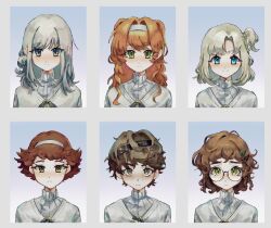  1boy 5girls aged_down amairo_natsumi black_bow black_bowtie blue_background blue_eyes border bow bowtie brown_eyes circlet closed_mouth commentary_request glasses gradient_background green_eyes grey_border grey_eyes hair_bun hair_ornament hairband hairclip highres isabella_(reverse:1999) long_hair looking_at_viewer matilda_bouanich medium_hair mesmer_jr. multiple_girls one_side_up portrait reverse:1999 round_eyewear shirt short_hair single_side_bun smile sonetto_(reverse:1999) the_ring_(reverse:1999) two_side_up vertin_(reverse:1999) white_background white_hairband white_shirt 