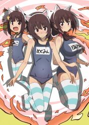 3girls animal_ear_hairband animal_ears artist_logo artist_name bambi2000line blue_thighhighs blunt_bangs blush bow breasts brown_hair cat_ear_hairband cat_ears character_name closed_mouth clothes_writing covered_navel dot_nose fake_animal_ears fire flat_chest full_body hair_bow hairband highres impossible_clothes impossible_swimsuit jumping komekko kono_subarashii_sekai_ni_shukufuku_wo! large_breasts logo looking_at_viewer medium_hair megumin multiple_girls multiple_hair_bows nose_blush one-piece_swimsuit open_mouth red_eyes school_swimsuit short_hair short_hair_with_long_locks signature striped_clothes striped_thighhighs swimsuit thigh-highs translated twintails white_thighhighs yunyun_(konosuba)