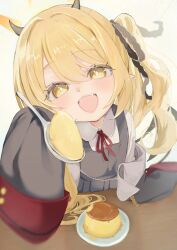 1girl absurdres black_ribbon blonde_hair blue_archive blush collared_shirt commentary demon_horns dress fangs feeding food happy highres horns ibuki_(blue_archive) loli long_hair long_sleeves looking_at_viewer open_mouth pico_nus pinafore_dress pointy_ears pudding red_ribbon ribbon shirt side_ponytail simple_background sleeveless sleeveless_dress sleeves_past_fingers sleeves_past_wrists solo spoon white_background white_shirt yellow_eyes