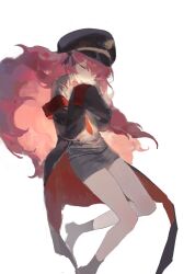  1girl absurdres armband black_coat black_dress black_hat blue_archive boots closed_eyes coat dress hands_on_own_chest hat highres iroha_(blue_archive) long_hair no_mouth own_hands_together peaked_cap pencil_dress pepperdevil red_hair short_dress simple_background sketch sleeves_past_fingers sleeves_past_wrists solo white_background 
