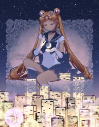  1girl bishoujo_senshi_sailor_moon blonde_hair blue_bow blue_bowtie blue_sailor_collar bow bowtie choker city closed_eyes commentary crescent crescent_earrings dav-19 double_bun earrings elbow_gloves gloves hair_bun hair_ornament jewelry long_hair magical_girl moon night sailor_collar sailor_moon sailor_senshi_uniform sitting smile solo tsukino_usagi twintails white_gloves 