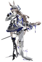  1girl absurdres alternate_costume alternate_hairstyle amiya_(arknights) animal_ears arknights black_boots black_skirt blue_eyes blue_gloves boots braid brown_hair chinese_commentary closed_mouth commentary_request expressionless full_body gloves hair_between_eyes hand_up hat hat_feather high_heels highres holding holding_sword holding_weapon knee_boots layered_skirt long_hair long_sleeves miniskirt peaked_cap rabbit_ears rabbit_girl shirt simple_background skirt solo standing sword thigh_strap venir weapon white_background white_hat white_shirt 