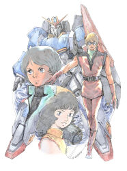  1girl 2boys akiman black_hair blonde_hair blue_hair char_aznable closed_mouth commentary_request fa_yuiry gloves gundam highres kamille_bidan looking_at_viewer mecha mobile_suit multiple_boys o'neill_cylinder quattro_bajeena revision robot shield short_hair smile sunglasses v-fin zeta_gundam zeta_gundam_(mobile_suit) 