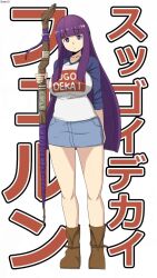  1girl artist_logo artist_name bambi2000line blue_skirt blue_sleeves blunt_bangs boots breasts brown_boots closed_mouth clothes_writing cosplay denim denim_skirt fern_(sousou_no_frieren) full_body highres holding holding_staff huge_breasts logo long_hair long_sidelocks long_sleeves looking_at_viewer mage_staff miniskirt purple_hair shirt sidelocks signature simple_background skirt solo sousou_no_frieren staff standing sugoi_dekai text_background uzaki-chan_wa_asobitai! uzaki_hana uzaki_hana_(cosplay) very_long_hair violet_eyes white_background white_shirt 