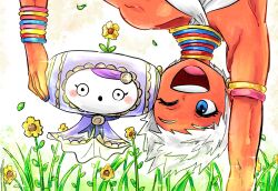  1girl ;d armlet armpits bare_shoulders blue_eyes blue_nails bracelet dark-skinned_female dark_skin earrings elena_(street_fighter) flower grass halterneck handstand jewelry kicdon monoid_(street_fighter) nail_polish neck_ring one_eye_closed open_mouth short_hair smile street_fighter upside-down very_dark_skin white_hair 