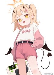 1girl artist_name belt black_belt blonde_hair blue_archive blush commentary demon_horns demon_tail fangs geforce_rtx_5090 hair_ornament hairclip halo happy highres holding horns ibuki_(blue_archive) loli long_sleeves looking_at_viewer low_wings medium_hair pink_shorts pointy_ears rabbit shorts side_ponytail simple_background solo sseopik tail white_background wings yellow_eyes