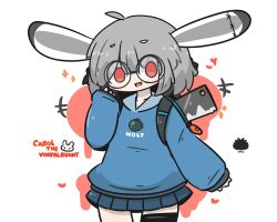  +++ 1girl :d animal_ears blue_hoodie blue_skirt chibi cleaver clothes_writing commentary_request cowboy_shot fang grey_hair hand_up heart highres hood hood_down hoodie long_sleeves looking_at_viewer original pleated_skirt puffy_long_sleeves puffy_sleeves rabbit_ears red_eyes ringed_eyes sea_urchin short_eyebrows skirt sleeves_past_wrists smile solo sparkle thick_eyebrows uni_souchou vorpal_bunny 