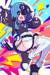  1girl :d black_boots black_gloves black_jacket black_shirt blue_eyes blue_hair blush_stickers boots bright_pupils colorful_background commentary_request commission cropped_shirt crossed_bangs double-parted_bangs drop_shadow eyewear_on_head fangs fingerless_gloves full_body gloves hair_between_eyes highres honoca6190 jacket leotard long_sleeves looking_at_viewer multicolored_hair open_clothes open_jacket open_mouth original outstretched_arm see-through_clothes see-through_skirt shirt short_hair skeb_commission skirt smile solo sparkle split-color_hair standing sunglasses thigh-highs two-tone_hair v white_leotard white_pupils white_thighhighs 