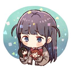  1girl aijo_karen black_hair blue_eyes blunt_bangs blush_stickers border bow bowtie brown_hair character_doll chibi chibi_only closed_mouth commentary cropped_torso doll green_background grey_jacket hand_puppet jacket jitome kagura_hikari long_hair long_sleeves looking_at_object looking_down open_clothes open_jacket open_mouth outside_border puppet purple_hair red_bow red_bowtie round_border school_uniform seisho_music_academy_school_uniform shirt shoujo_kageki_revue_starlight sidelocks solid_oval_eyes taneda_yuuta tsuyuzaki_mahiru two_side_up white_border white_shirt yurie_mouth 