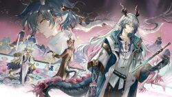  1girl 2boys absurdres architecture arknights bead_bracelet beads bird blonde_hair blue_hair blue_pants bracelet brother_and_sister brothers brown_coat brown_hair character_request chest_tattoo chinese_commentary coat colored_extremities commentary_request dragon_boy dragon_girl dragon_horns dragon_tail dutch_angle earrings east_asian_architecture eyeliner feet_out_of_frame flower from_side gradient_hair grey_hair hair_bun hair_intakes hand_up highres horns jacket jewelry ji_(arknights) long_coat long_hair long_sleeves looking_at_viewer lotus makeup mountain multicolored_hair multiple_boys multiple_girls off_shoulder outdoors pants pink_eyes pink_hair pink_sky pointy_ears profile red_eyeliner red_eyes rock shirt shu_(arknights) siblings sidelocks single_earring sisters sky smoke spr75 standing sword tail tattoo three-quarter_sleeves very_long_hair weapon white_coat white_jacket white_pants white_shirt yi_(arknights) 