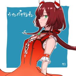  1girl animal_ears blush breasts commentary_request dress ear_covers feather_hair_ornament feathers gem green_eyes green_gem hair_between_eyes hair_ornament highres horse_ears horse_girl long_hair low_twintails panch4989new parted_lips red_dress red_hair simple_background small_breasts solo twintails umamusume win_variation_(dramatic_tutu)_(umamusume) win_variation_(umamusume) 
