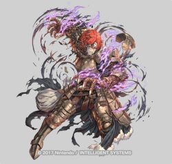  1boy armor battle_damage black_gloves boots claws clenched_teeth commentary_request corruption fire_emblem fire_emblem:_three_houses fire_emblem_heroes fur_trim gloves izuka_daisuke male_focus miklan_anschutz_gautier monsterification official_art open_mouth polearm purple_aura red_hair scar scar_on_face simple_background solo teeth torn_clothes weapon 