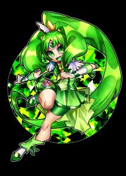  1girl black_background bow commentary_request cure_march dress english_commentary green_bow green_dress green_eyes green_hair green_shorts magical_girl midorikawa_nao mixed-language_commentary open_mouth precure senmu_(0107) shorts shorts_under_dress simple_background smile smile_precure! solo two-tone_bow 