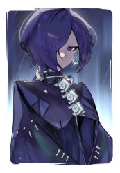  1girl absurdres blue_cloak cloak closed_mouth commentary_request crescent crescent_earrings earrings hair_over_one_eye highres jewelry looking_at_viewer mik_(mikofficial) promeia_(zenless_zone_zero) purple_hair rain solo upper_body violet_eyes zenless_zone_zero 