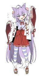  1girl absurdly_long_hair absurdres ahoge arm_up blue_eyes blue_shirt blush collared_shirt fang fox_tail full_body hair_horns hair_ornament hair_rings hand_up heterochromia highres japanese_clothes kimono long_hair long_sleeves looking_at_viewer neck_ribbon notice_lines open_mouth pepperdevil platform_sandals pom_pom_(clothes) pom_pom_hair_ornament purple_hair red_skirt ribbon sandals shirt shirt_tucked_in skin_fang skirt smile solo standing stellive striped_clothes striped_thighhighs tabi tail tenko_shibuki thigh-highs very_long_hair virtual_youtuber white_kimono wide_sleeves yellow_eyes 