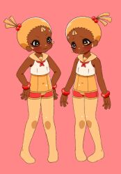  2000s_(style) 2girls :3 bangle blonde_hair blush bracelet closed_mouth clovenfawn covered_navel dark_skin dreadlocks full_body hair_bobbles hair_ornament hairline hands_on_own_hips highres jewelry multiple_girls nontraditional_school_swimsuit old_school_swimsuit one-piece_swimsuit original pantyhose personification sailor_collar school_swimsuit shorts siblings side_ponytail sidelocks smile standing swimsuit tareme tsurime twins v-shaped_eyebrows very_dark_skin wavy_mouth yellow_eyes yellow_one-piece_swimsuit 