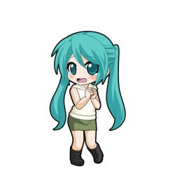  1girl aqua_eyes aqua_hair black_boots black_outline blush boots chibi chibi_only full_body game_asset green_skirt hatsune_miku hatsune_miku_graphy_collection hood hood_down hoodie lace-up_boots long_hair looking_at_viewer miniskirt open_mouth outline own_hands_together raised_inner_eyebrows scared skirt sleeveless sleeveless_hoodie solo standing tearing_up transparent_background twintails very_long_hair vocaloid white_hoodie 