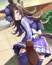  1girl absurdres adjusting_footwear akashi_(user_vkfz8478) animal_ears bag blue_flower blue_hat blue_rose blush bow bowtie breasts brown_hair commentary_request flipped_hair flower from_behind hair_over_one_eye hat hat_flower highres horse_ears horse_girl horse_tail long_hair long_sleeves open_mouth outdoors pleated_skirt purple_sailor_collar purple_serafuku purple_shirt purple_skirt purple_thighhighs rice_shower_(umamusume) rose sailor_collar sailor_shirt school_bag school_uniform serafuku shirt skirt sky small_breasts smile solo sun tail textless_version thigh-highs tilted_headwear tracen_school_uniform umamusume violet_eyes white_bow white_bowtie 